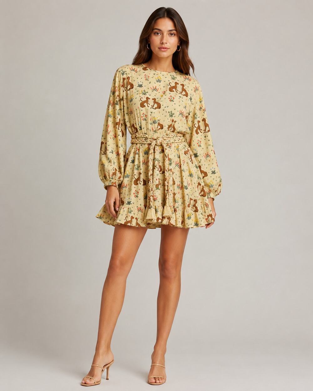 RHODE Safari Mini Dress XS Ella Buttercream Cheetah Floral Tie Waist Ruffle Hem